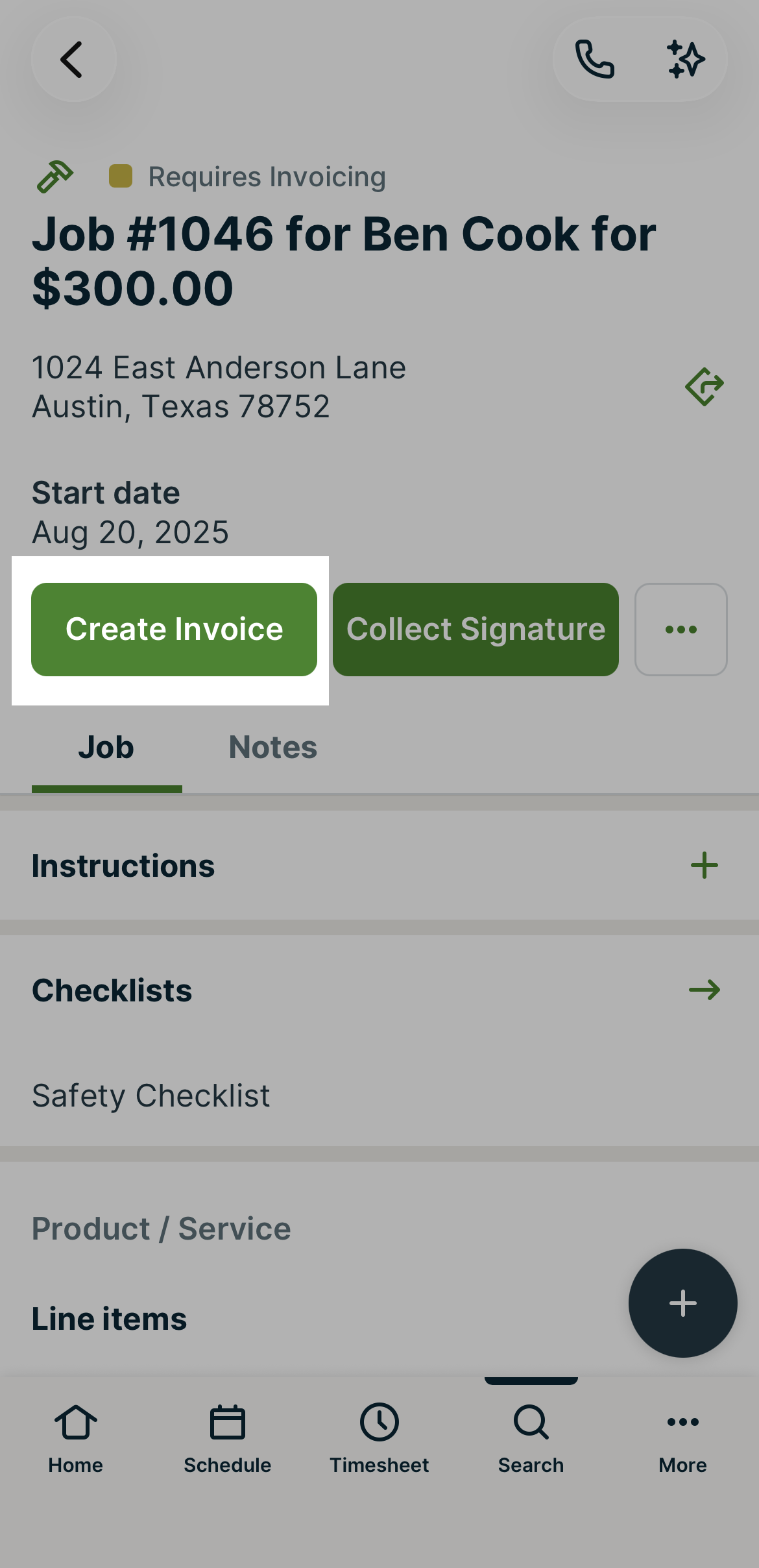 A screenshot highlighting the "create invoice" button in a job with a "requires invoicing" status.