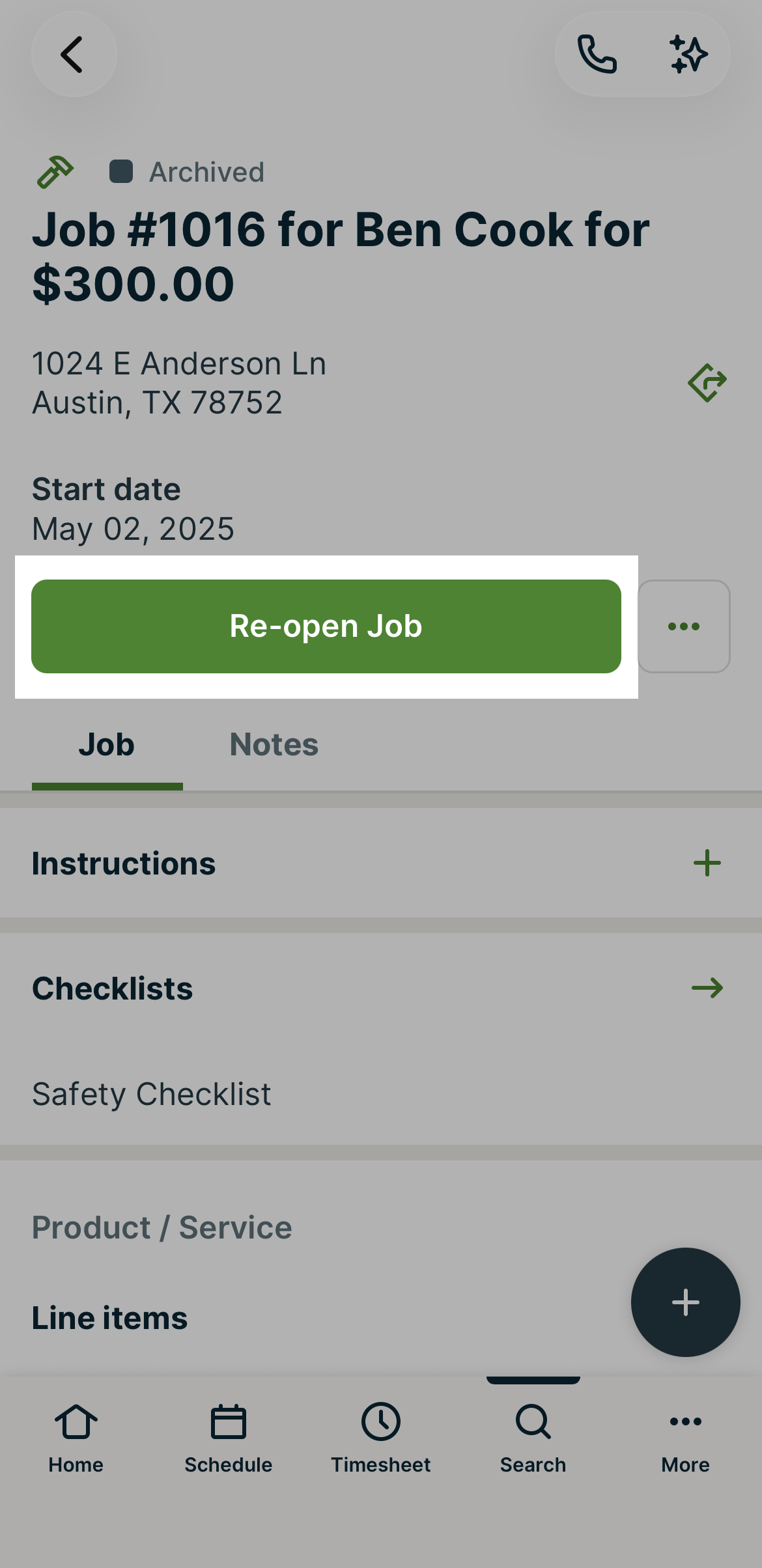 A screenshot showing the re-open job button in an archived job in the Jobber app.