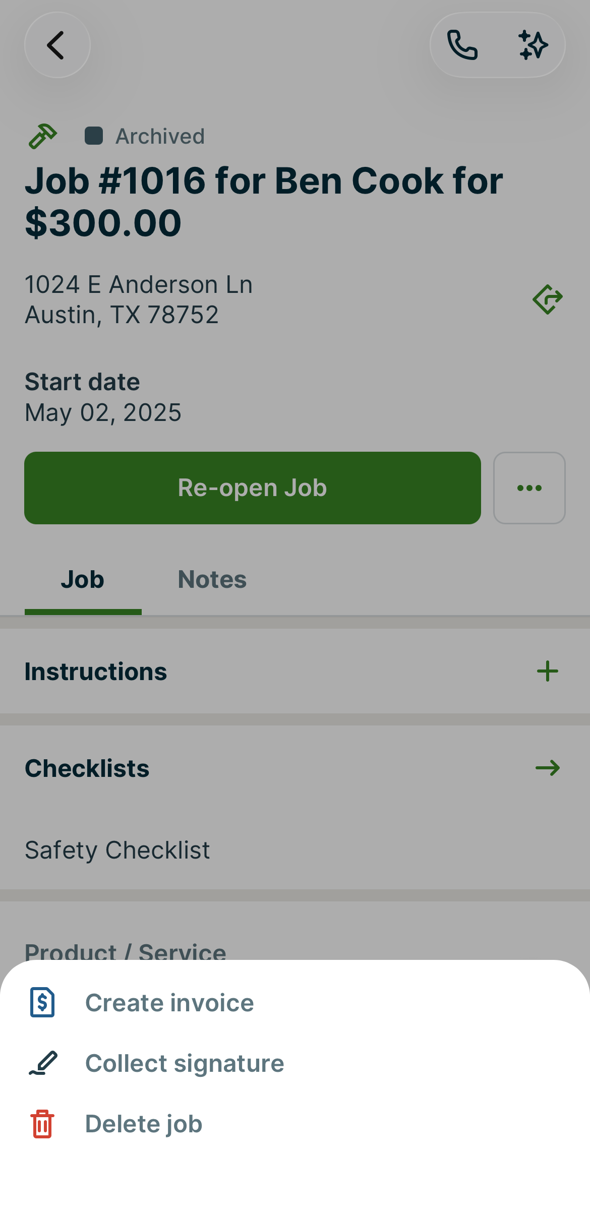 A screenshot showing the more actions menu in a job, including the option for Delete job.