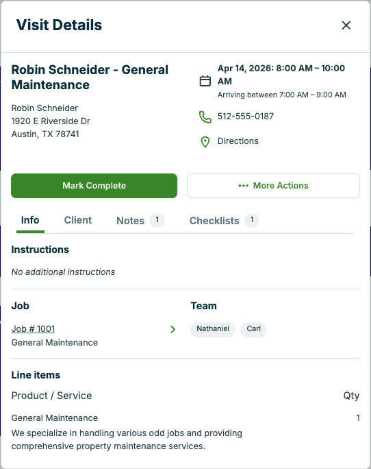 A screenshot showing visit details from the schedule.