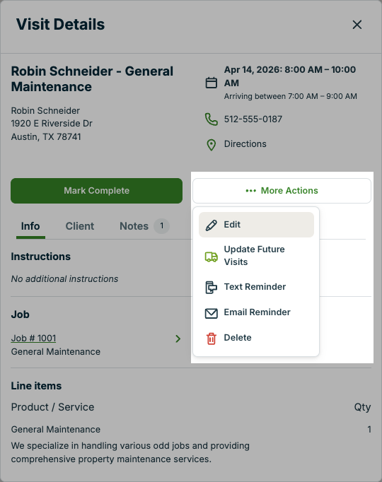 A screenshot showing the delete option for a visit from the visit details pop-up.