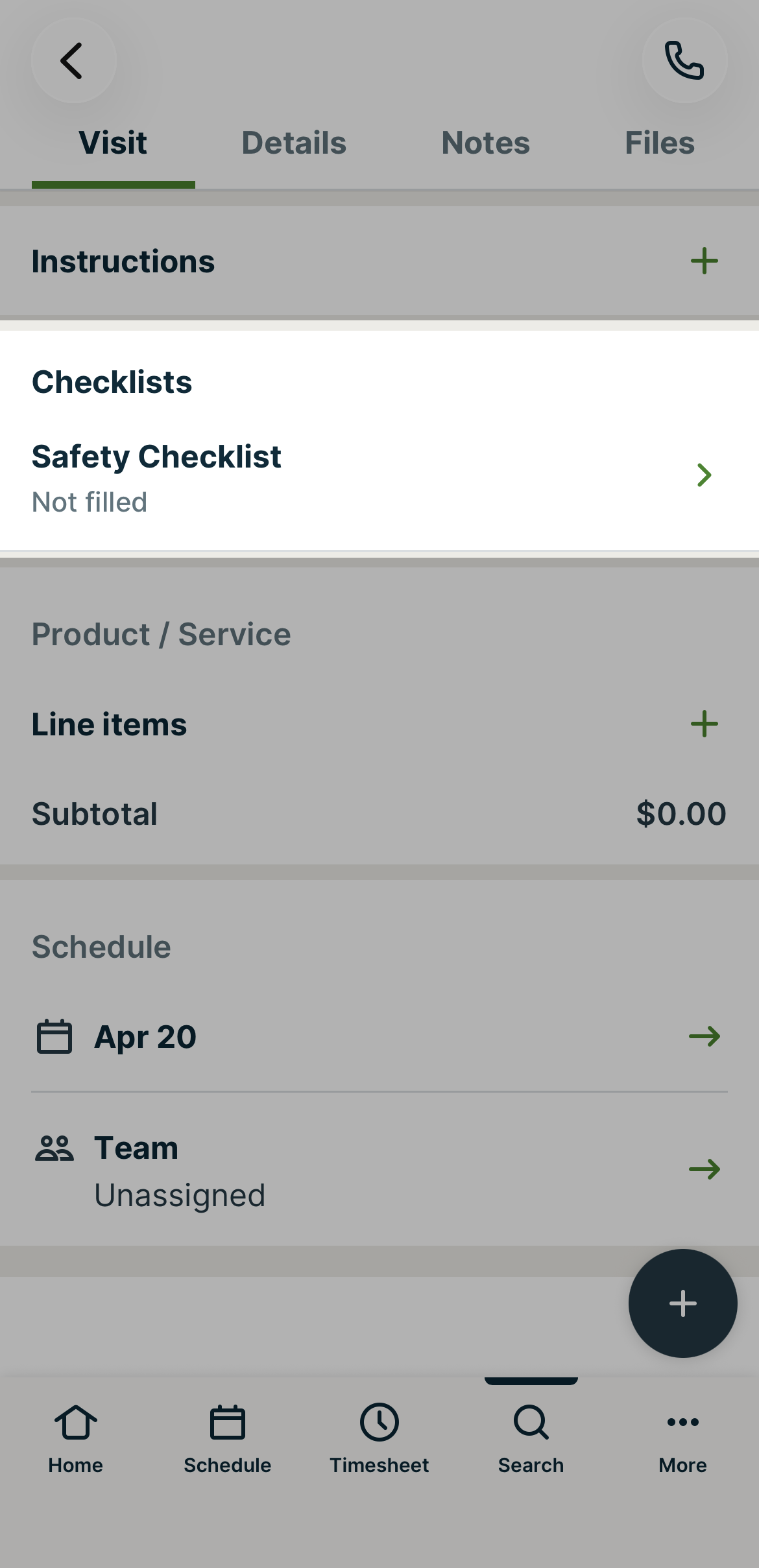 A screenshot highlighting the checklists section on a visit in the Jobber app.