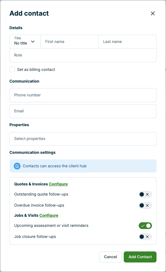A screenshot showing the Add Contact pop up.