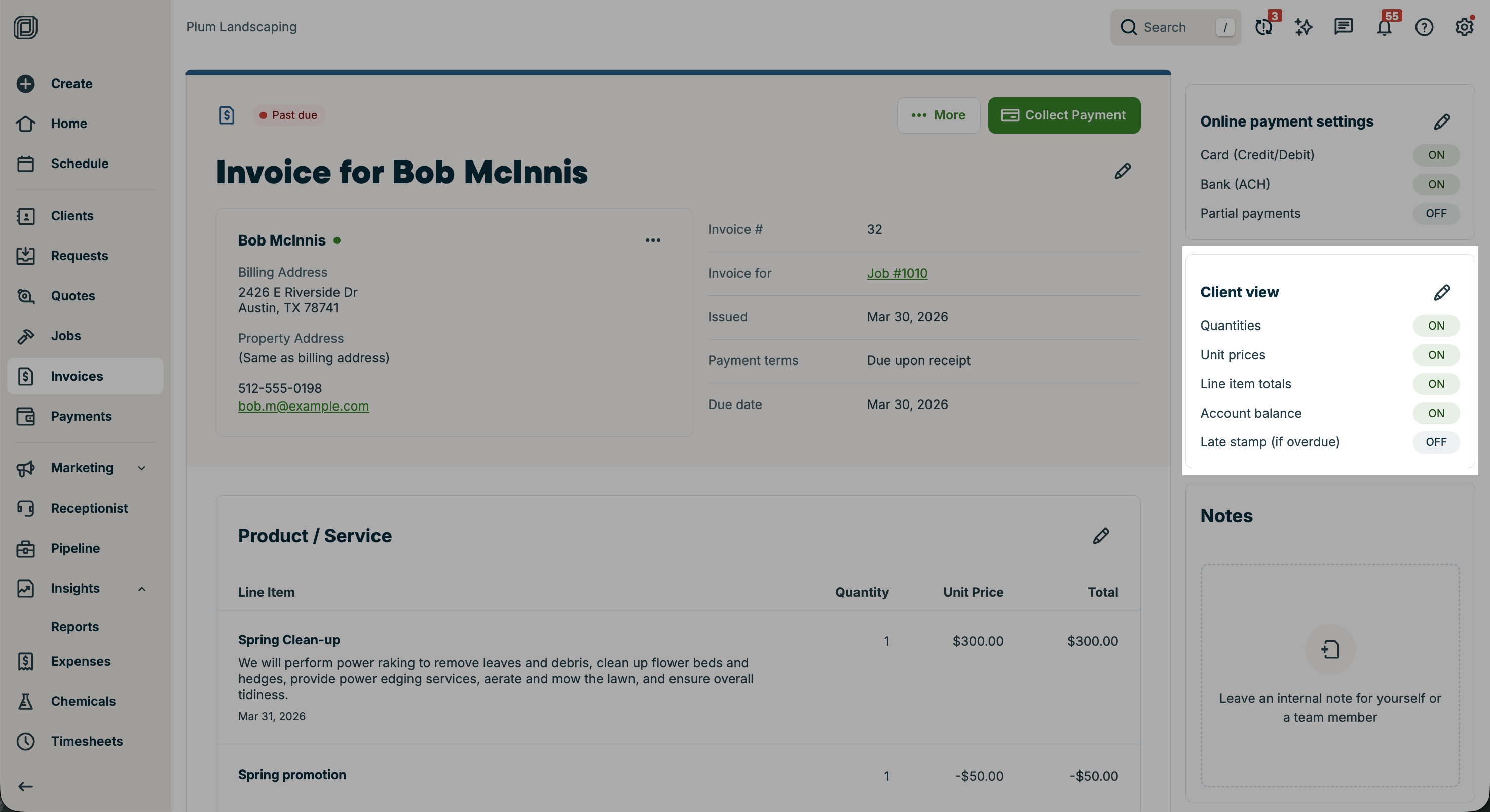 A screenshot showing the client view settings toggles within an individual invoice.
