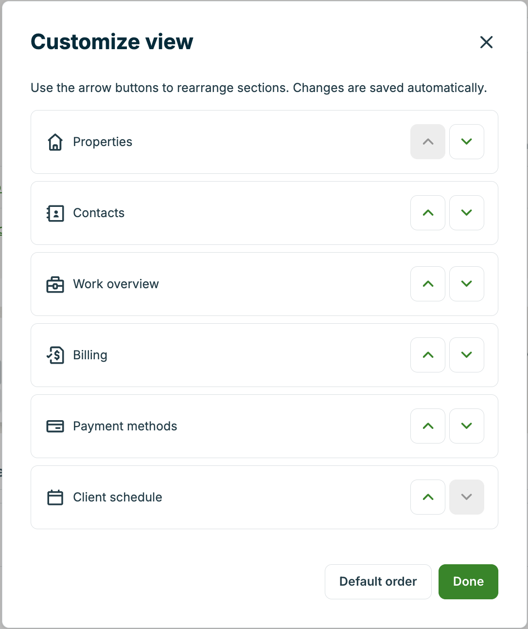 A screenshot showing the customize view pop-up from the client page.