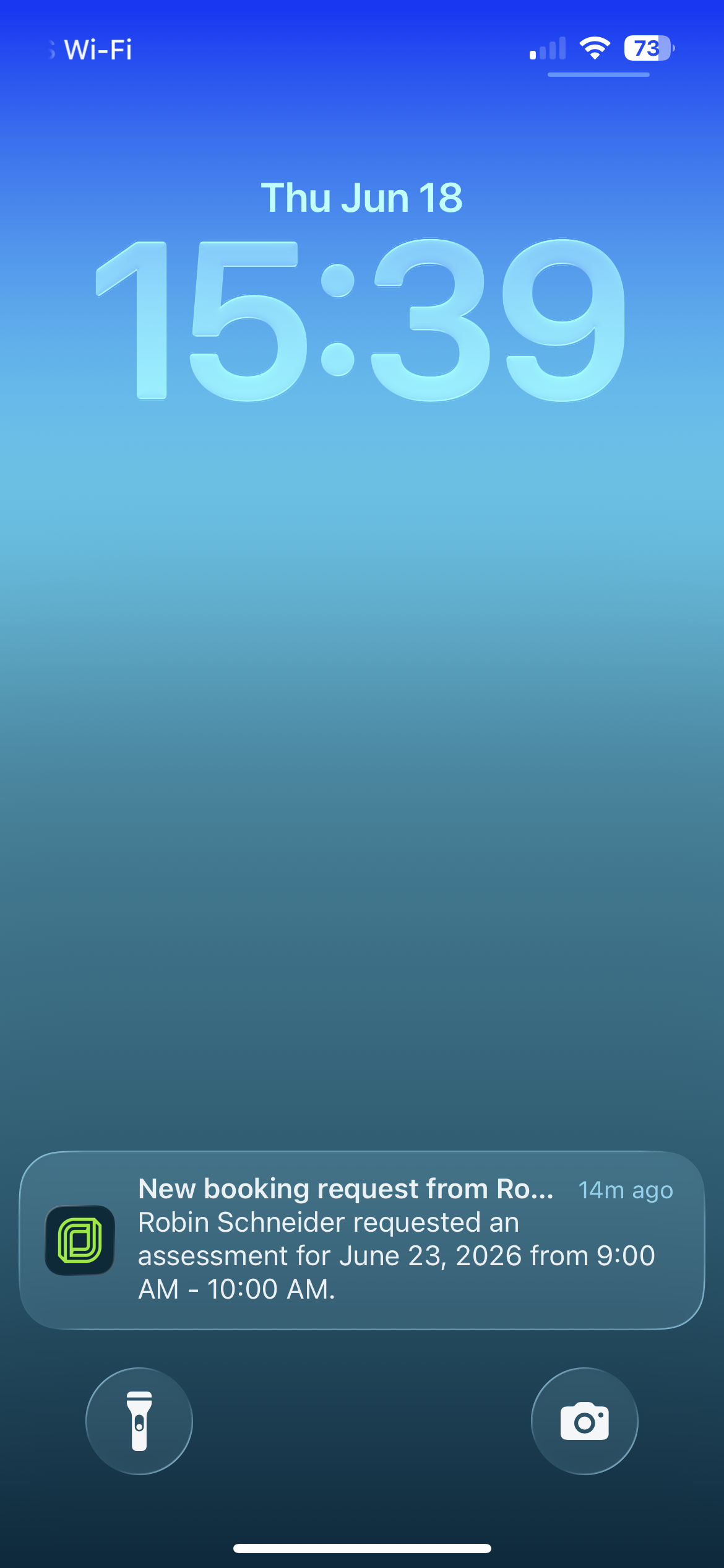 A screen capture of a smartphone push notification for a new booking request.