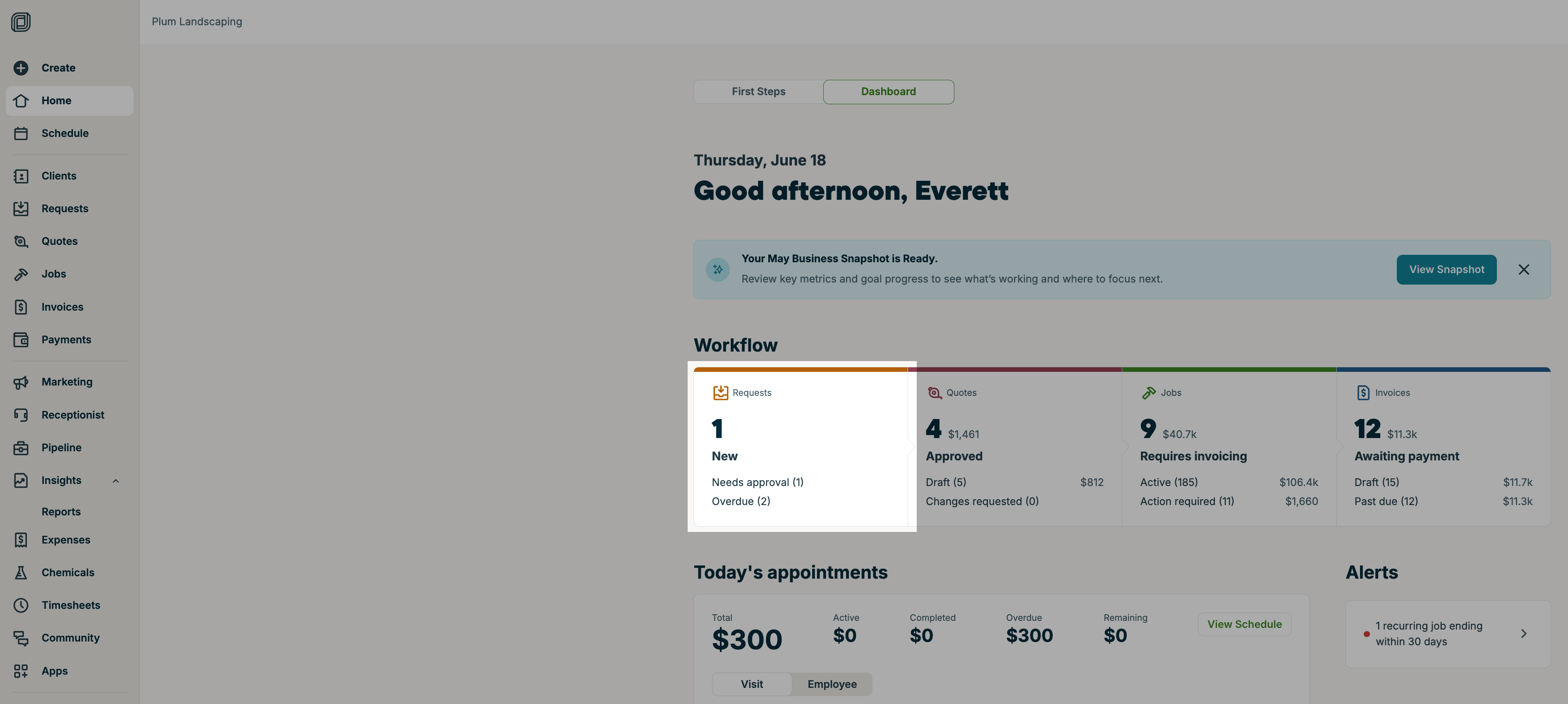 A screenshot highlighting workflow items under Requests on the Home page.