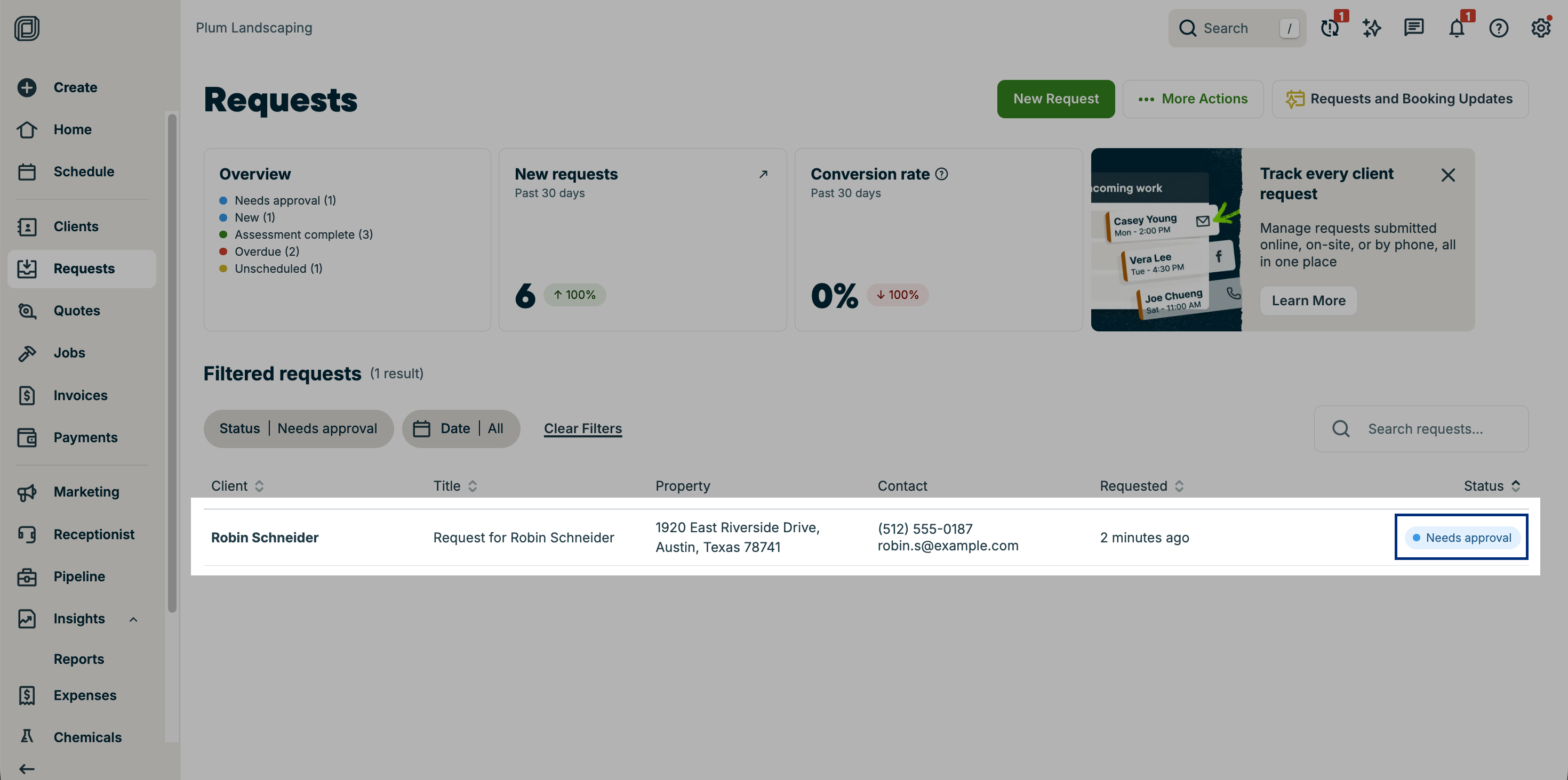A screenshot showing an assessment on the request page tagged with Needs approval.