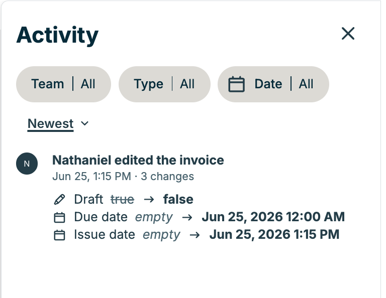 A screenshot showing the activity feed from an invoice's history.
