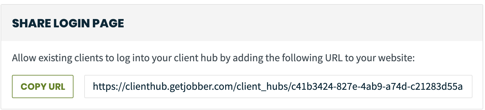 share login page section from settings. There is a button to copy the client hub URL.