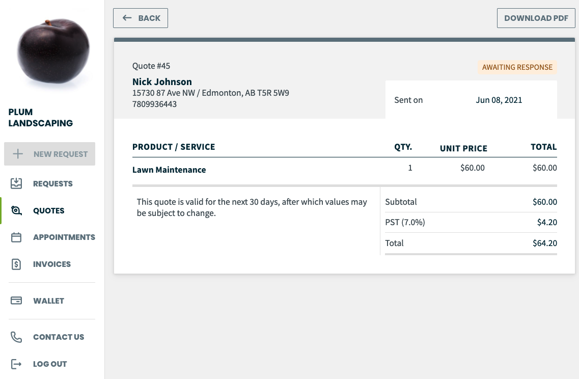 Quote in client hub.