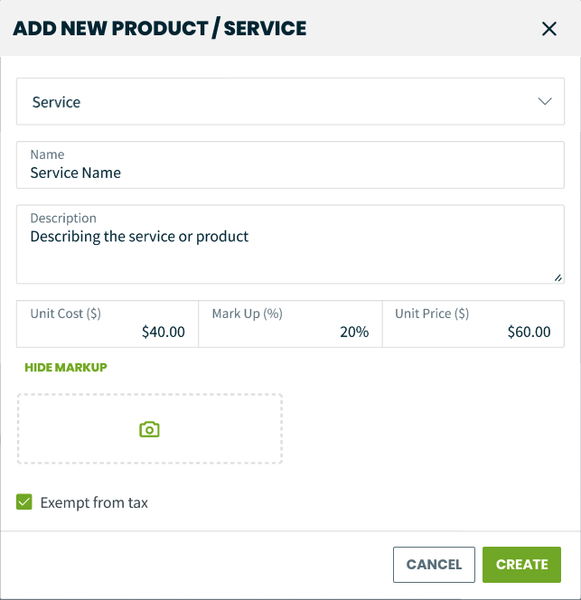 New product or service creation screen