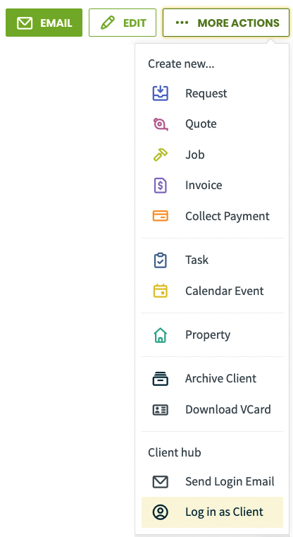 more actions button from a client's profile with log in as highlighted from the menu