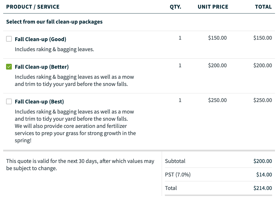 example of a quote that offers packages