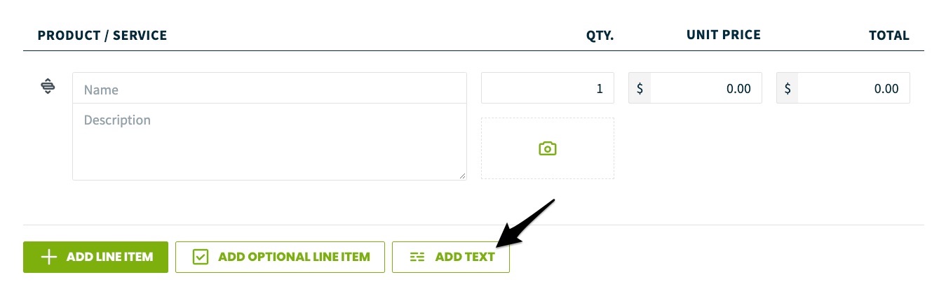 arrow from the edit screen of a quote pointing to add text button
