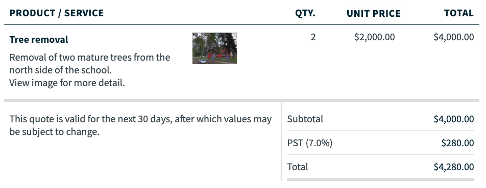 line item with an image thumbnail showing trees with notes about which to cut down