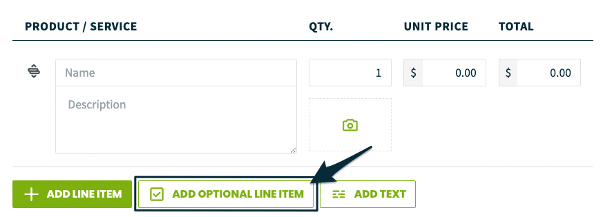 arrow pointing to the button to add an optional line item to this quote