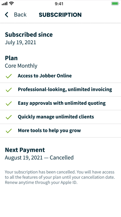 subscription page in the app showing the subscription has been canceled under next payment