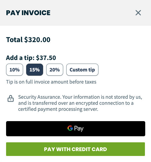 prompt in client hub to pay invoice with a 15% tip added.
