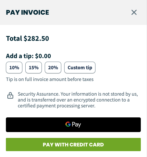 prompt in client hub to pay an invoice. A tip has not been added to their payment yet.