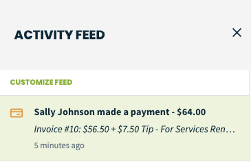 activity feed item showing client Sally Johnson paid an invoice and left a $7.50 tip