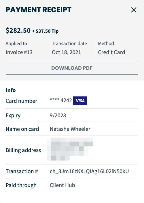 payment receipt details with a button to download the PDF.