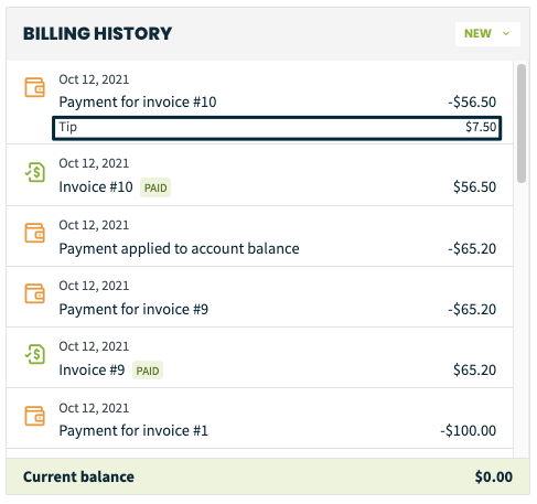 billing history box with a payment that included a tip highlighted.