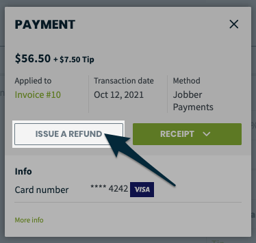 Payment details pop-up with issue a refund highlighted