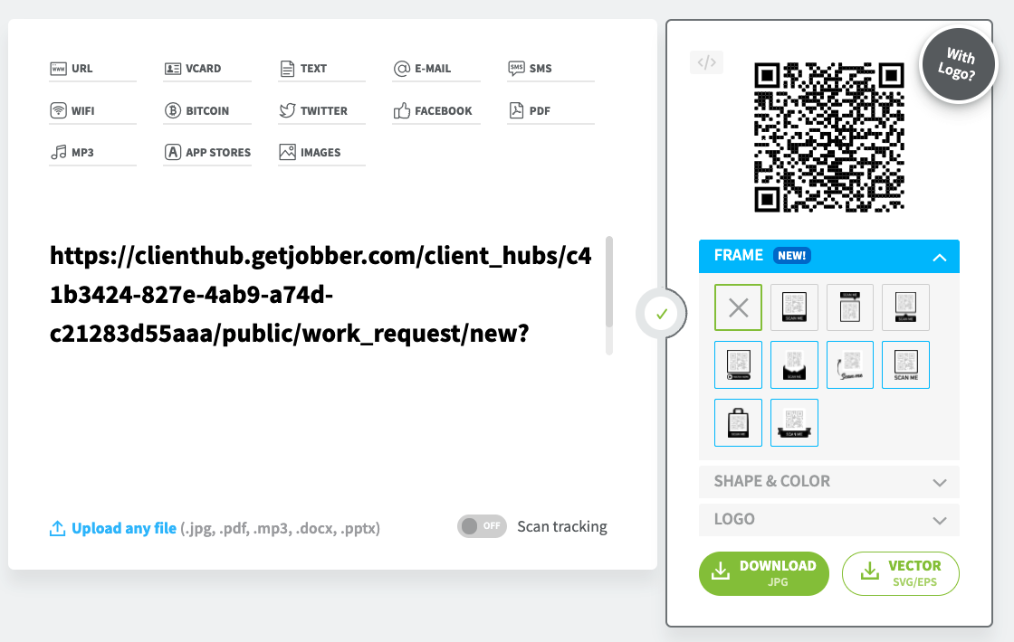 QR Code generator website showing the request URL from Jobber and a QR code that has been generated from it