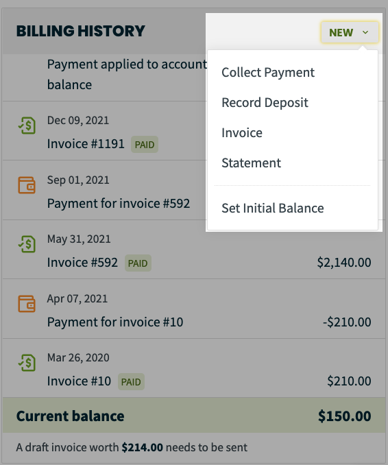 the new button with a dropdown showing the options for items that can be created from the billing history box