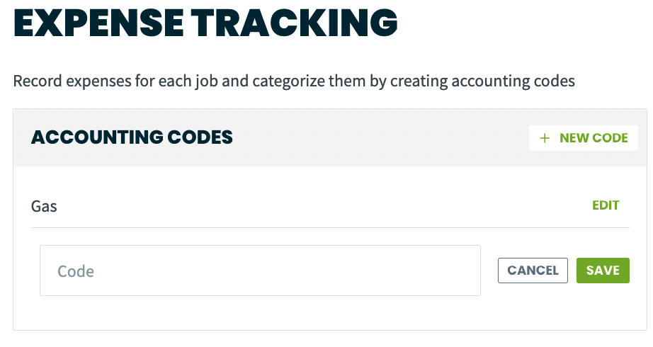 Expense tracking page in settings with a list of accounting codes. There is an open field to add a new accounting code.