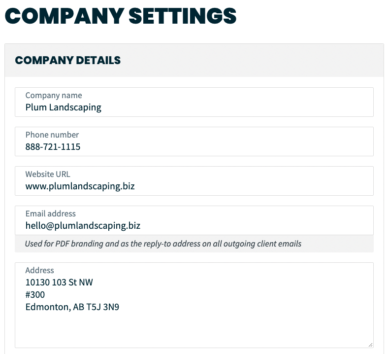 Company details section of the company settings page