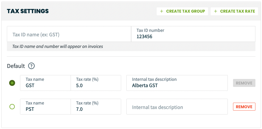 the tax settings section of company settings
