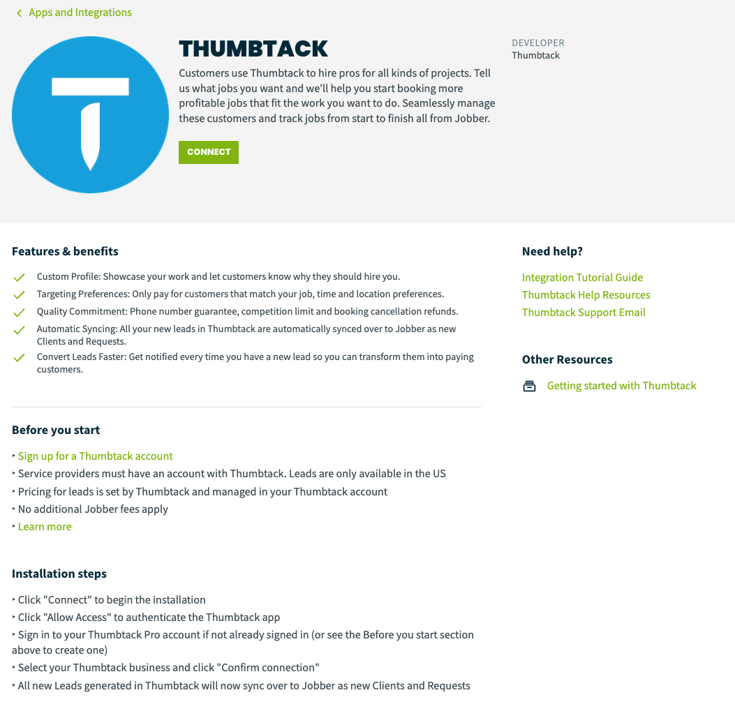 Thumbmbtack overview in App Marketplace