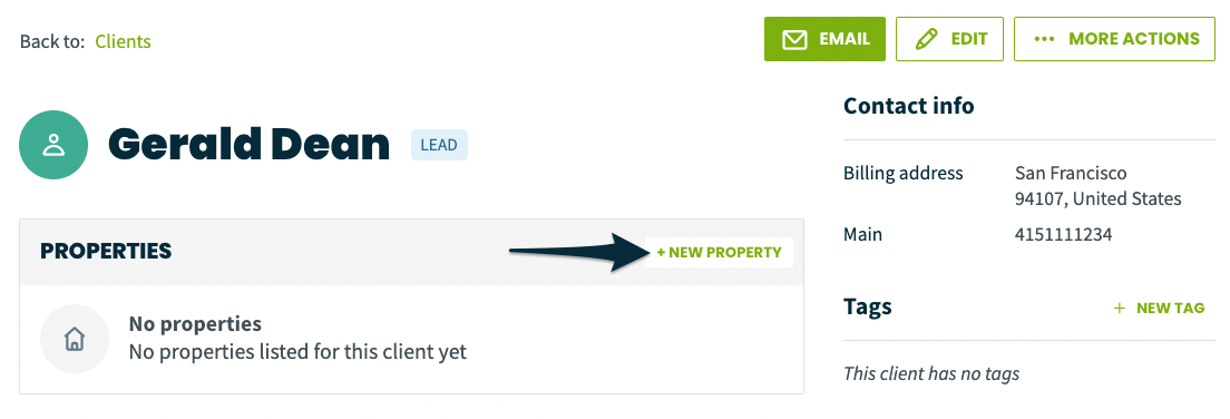 Client overview in Jobber with an arrow pointing towards new property