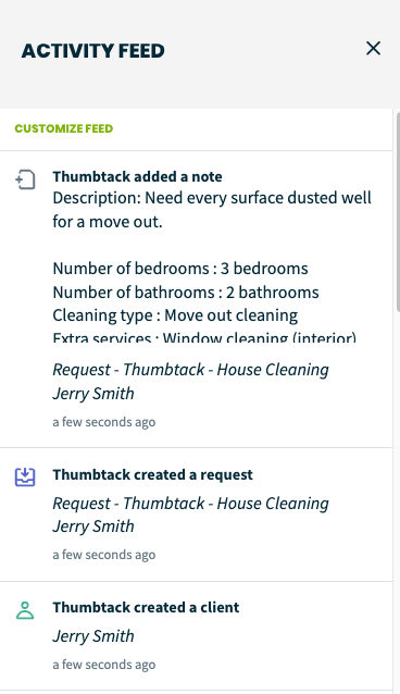 Activity feed with new requests and clients created by Thumbtack