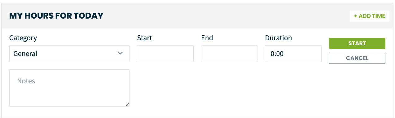 form to add time with fields for category, start, end, and duration