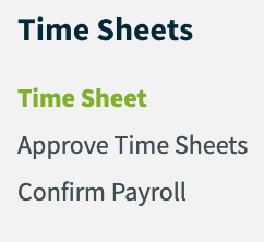 Time Sheet highlighted from the side nav