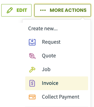 new invoice highlighted from the more actions menu