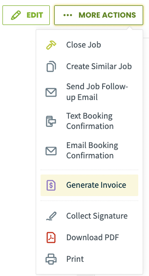generate invoice highlighted from the more actions menu
